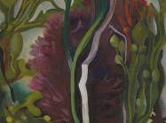 Georgia O’Keeffe’s small, square oil on canvas titled Seaweed, organic forms in purple and green with white streak up the middle