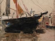 Berthe Morisot, Harbor Scene (Isle of Wight), 1880. watercolor painting of a ship
