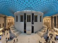 An ultra-wide rectilinear stitched panorama of the Great Court of the British Museum in London, United Kingdom.