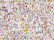Frank Gaard painting of many small multi-colored line drawings of faces in profile