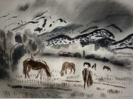 Ward Lockwood - Horses Grazing, watercolor on paper, 19 x 24 in.