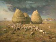 Millet painting of three haystacks with a herd of sheep set against a stormy sky