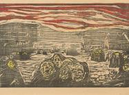 Edvard Munch print in black and red on white of a crowd of people