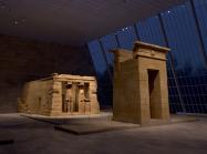 Digitally rendered view of the Temple of Dendur inside The Met at night.