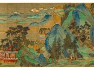 handscroll painting by qiu ying of the ming dynasty, landscape with blue mountains