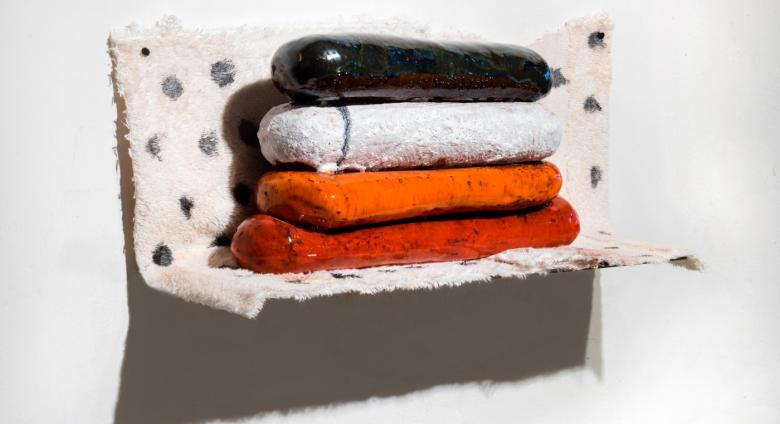 Jim Shrosbree, WORB (polka), 2017, 6.5 x 17 x 5 inches, ceramic, cloth, paint, pushpins