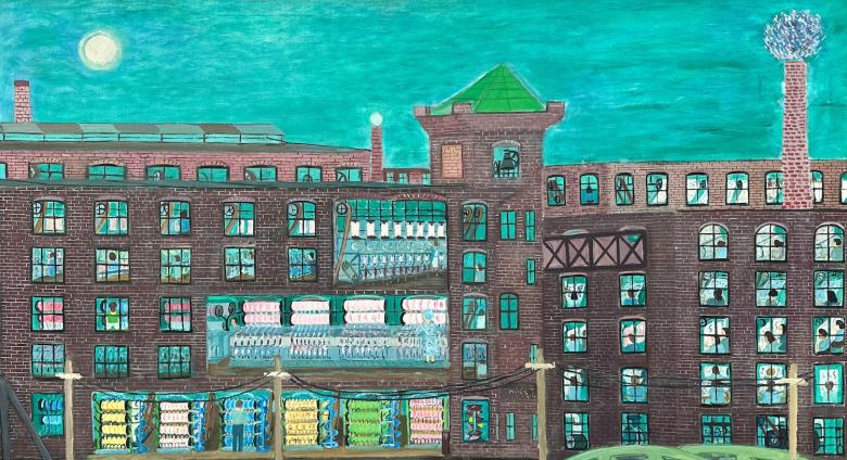 Ralph Fasanella, Lawrence 1912 / Working the Night Shift #2 (Mill Workers), 1978, oil on canvas, 36 1/8 x 54 in. Estimate: $10,000-15,000