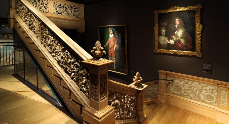 Installation view of The Met’s New British Galleries, 17th Century Gallery, Cassiobury Staircase, February 2020.