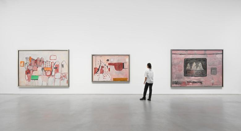Installation view, ‘Philip Guston. 1969-1979,’ Hauser & Wirth New York, 22nd Street, 2021. Picturing: ‘A Day’s Work,’ 1970, Private Collection; ‘Scared Stiff,’ 1970, Private Collection; ‘Blackboard’ 1969, Private Collection