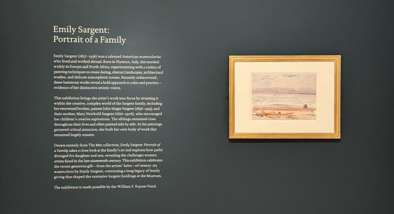 Exhibition welcome and overview of Emily Sargent: Portrait of a Family featuring Sea with Boat & Figure, Pride’s Crossing (1923) by Emily Sargent. Photo: Danielle Vander Horst