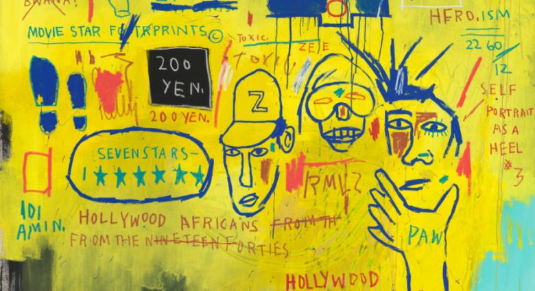Jean-Michel Basquiat painting of three heads and lots of text on a yellow and blue background
