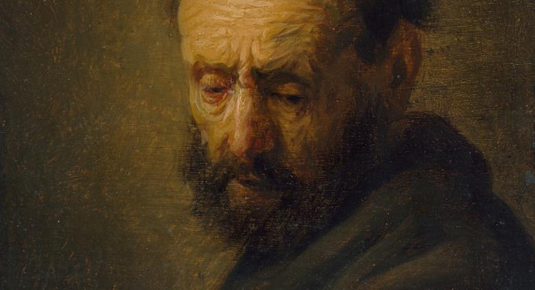 Rembrandt painting of an older white man from the chest up, with his eyes cast down