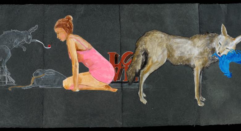 painting of a young woman in pink leotard crouching beside a coyote