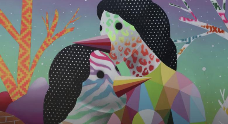 Okuda artwork, two figures, geometric, colorful