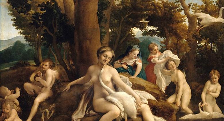Antonio da Correggio, Leda and the Swan, 1532, oil on canvas, 156.2 × 217.5 cm (61.5 x 85.6 in). Gemäldegalerie, Berlin