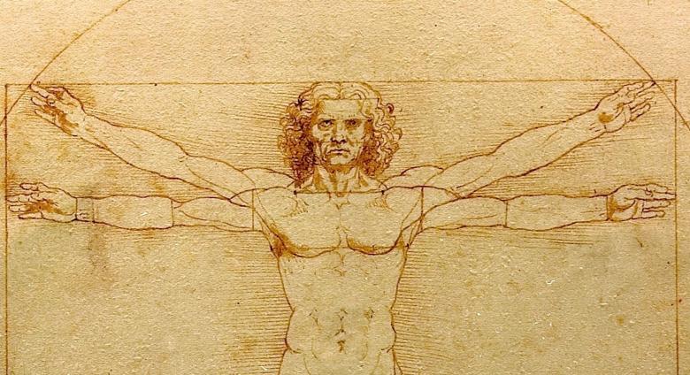 Da Vinci's Vitruvian man from the chest up- a figure of a man with four arms in a circle