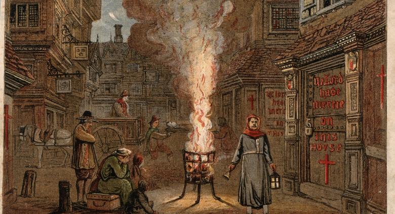A street during the plague in London with a death cart and mourners. "Bring out your dead." Edmund Evans. London.