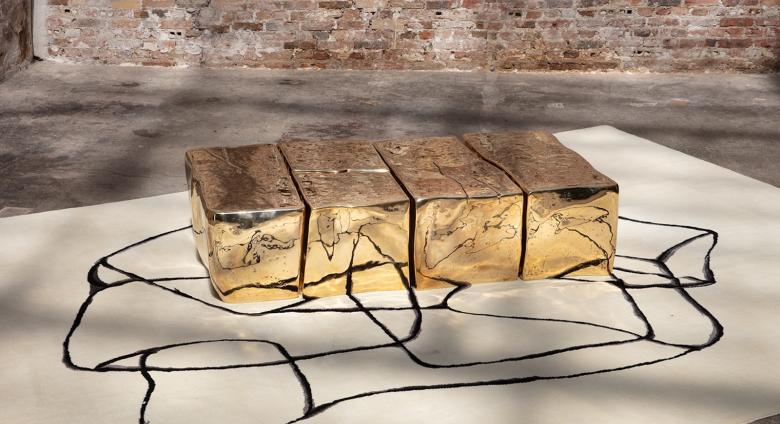 BLOCK COFFEE TABLE, Design by Jean Yves Lanvin, Mirror polished cast brass, Size : 64 x 35 x 18 in, Limited Edition of 24 pieces + 4 AP.