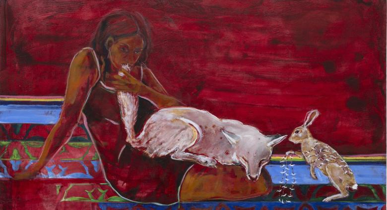 Julie Buffalohead, The Smallest Gift, 2024, Oil on canvas, 32 x 48 x 2 3/4 inches / 81.3 x 121.9 x 7 cm