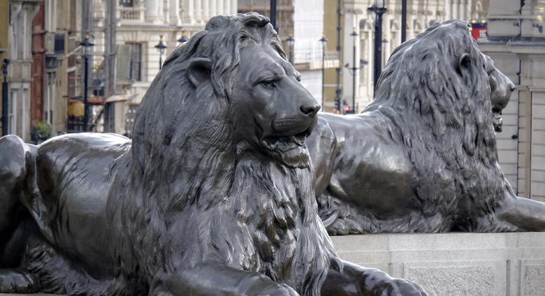Two of the four lions in Trafalgar Square, one of the Landseer’s most famous works. At the base of Nelson's Column, 2021. License