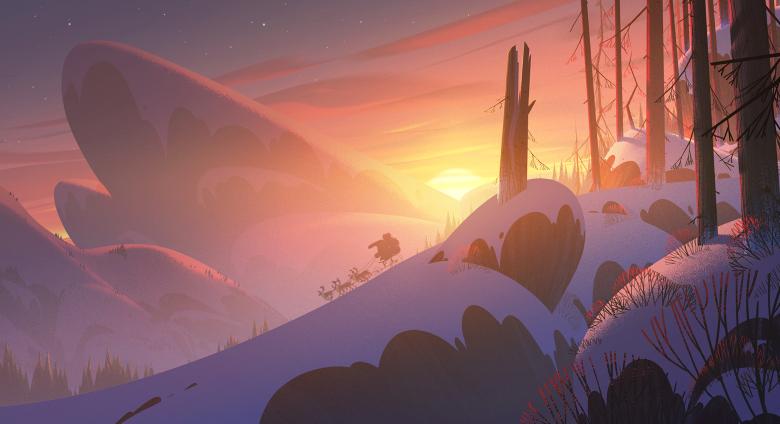 santa's sleigh in the distance rides over snowy hills at sunrise