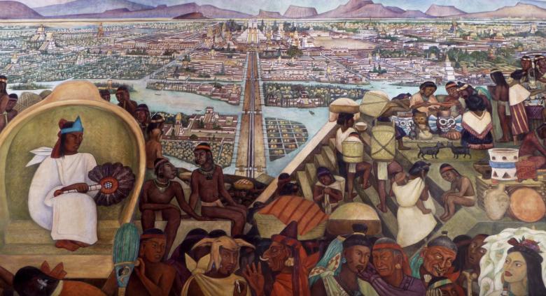 Artistic image of Aztec city with temple in background