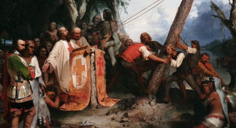 Peter Frederick Rothermel, De Soto Raising the Cross on the Banks of the Mississippi, 1851, oil on canvas, 101.6 x 127 cm (Pennsylvania Academy of the Fine Arts, funds provided by the Henry C. Gibson Fund and Mrs. Elliott R. Detchon, 1987.31), a Seeing America video.