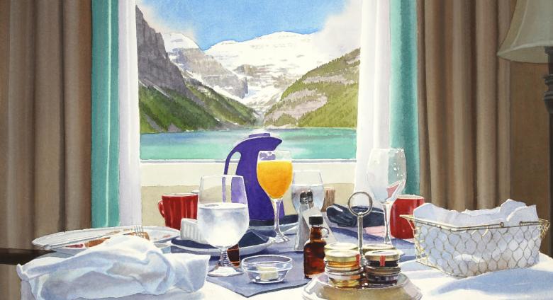 Tim Gardener painting of a room service tray of breakfast sitting in front of a window with a view of mountains and a lake
