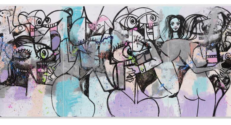 Transformation 2022 Acrylic, oil stick, and metallic paint on linen 228.6 x 647.7 cm / 90 x 255 in