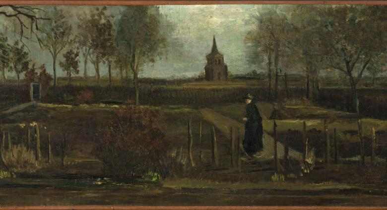 van gogh landscape of a lone figure with church ruins in the background