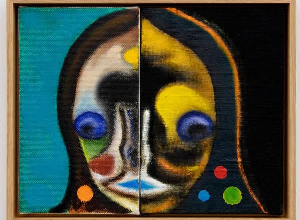 abstract portrait in white, yellow, black and teal.