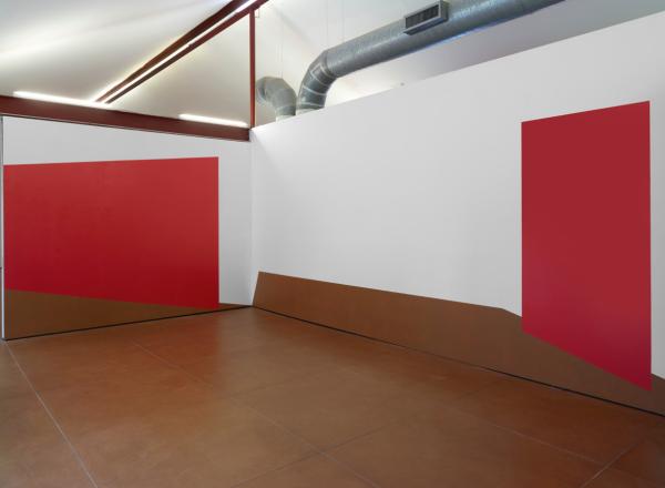 Kate Shepherd large red canvases in a gallery