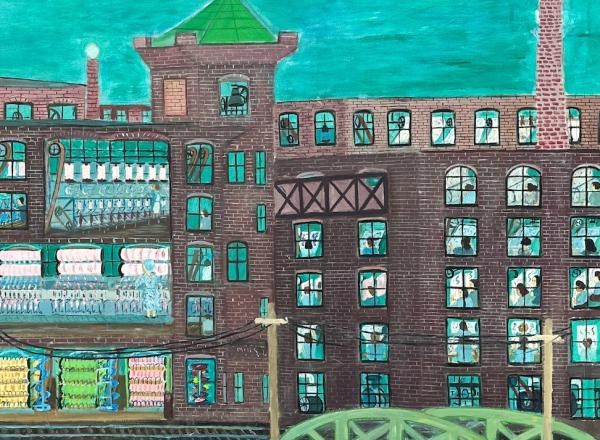 Ralph Fasanella, Lawrence 1912 / Working the Night Shift #2 (Mill Workers), 1978, oil on canvas, 36 1/8 x 54 in. Estimate: $10,000-15,000