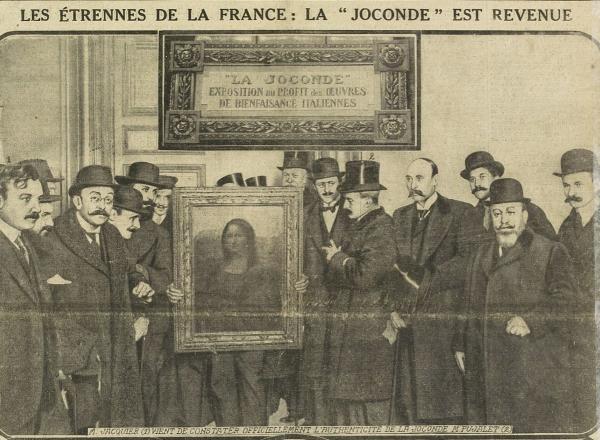 Mona Lisa is returned to Louvre newspaper clipping from 1914 showing men in top hats with the painting