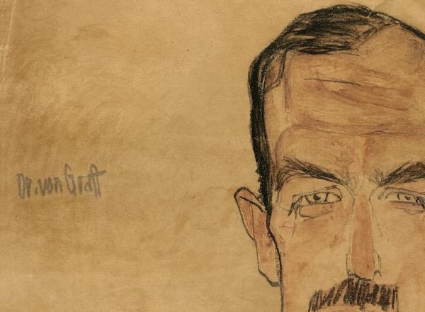 Egon Schiele, Dr. von Graff, 1910, pencil, charcoal, and wash on paper, cropped. Private Collection