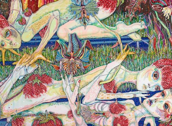 DEl Kathryn Barton [Australian b. 1972] the more than human love , 2025 Acrylic on French linen 78 3/4 x 137 3/4 inches 200 x 350 cm Framed dimensions: 79 7/8 x 139 inches 203 x 353 cm
