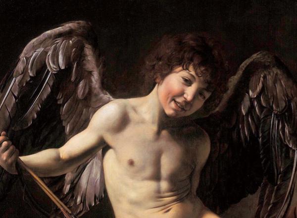Caravaggio, Love Conquers All (Amor Vincit Omnia), 1601–1602. painting of cupid as a child with wings and an arrow