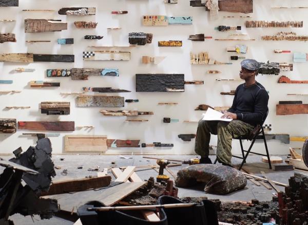 Installation view of Leonardo Drew's solo show at Galerie Lelong in New York in September - October 2024.