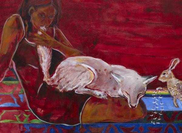 Julie Buffalohead, The Smallest Gift, 2024, Oil on canvas, 32 x 48 x 2 3/4 inches / 81.3 x 121.9 x 7 cm