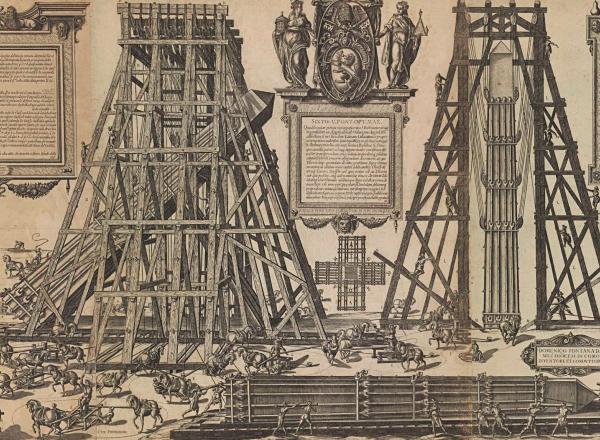 print showing the mechanics involved in moving a stone obelisk
