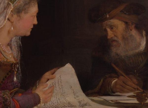 Aert de Gelder, Esther and Mordecai, circa 1685, oil on canvas, 23 1/2 × 56 1/2 in., Rhode Island School of Design Museum, Providence, Museum Appropriation Fund, 17.138