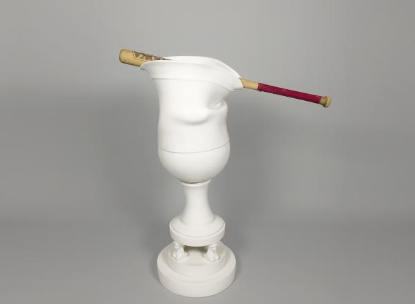 Laurent Craste Iconocraste au bat VII, 2024/25 Porcelain, glaze, and baseball bat 40 3/4 × 33 5/16 × 14 ¾ inches Courtesy of the artis