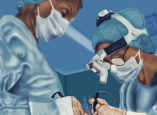 digital artwork that depicts two Black doctors, African according to the post caption, practicing neurosurgery 