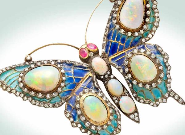Opal and plique-a-jour brooch