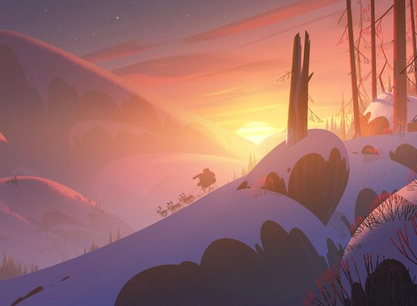 santa's sleigh in the distance rides over snowy hills at sunrise