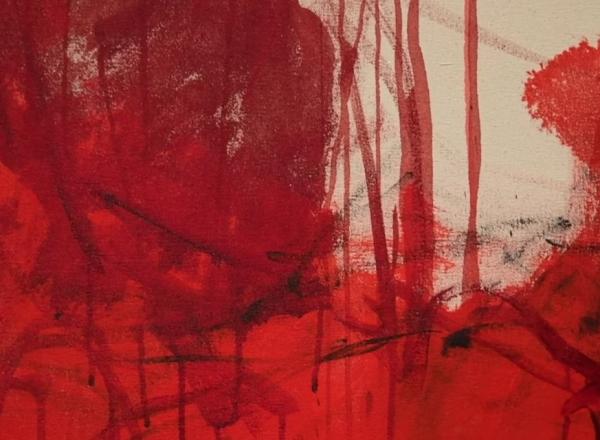 Close up of red, dripping painting by Emin