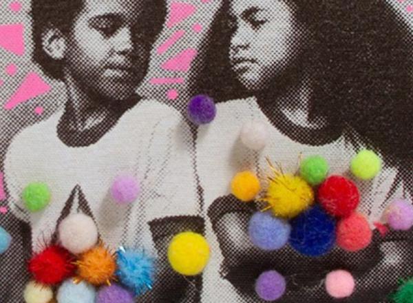Mz Icar_Gems TV_The Untitled Space. printed image of young kids decorated with crafty sparkly puffballs