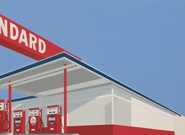 Ed Ruscha. Standard Station, Ten-Cent Western Being Torn in Half. 1964. Oil on canvas, 65 × 121 1/2” (165.1 × 308.6 cm). Private Collection. © 2023 Edward Ruscha. Photo Evie Marie Bishop, courtesy of the Modern Art Museum of Fort Worth