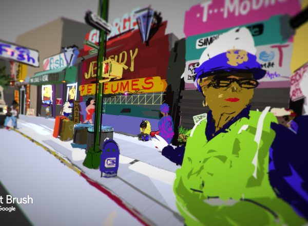 A scene from inside a virtual reality world created using Tilt Brush.
