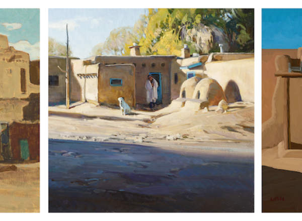 Taos Perspective (triptych), 12 x 12 in. panels, oil; left to right, Glenn Dean, Josh Elliott, Logan Maxwell Hagege